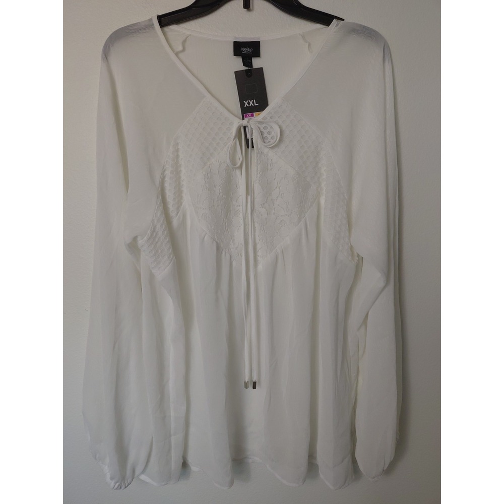 Mossimo White String Front Blouse Top Size XXL Long Sleeve Career Sheer Boho Y2k
